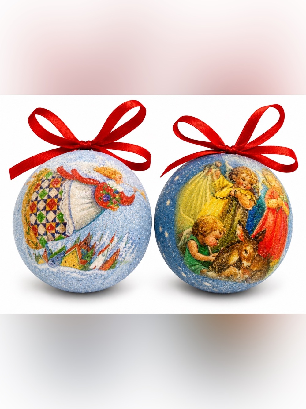 Christmas 2 Vtg Mica Sugar Frosted 3” Balls Angel Scenes EUC Double Sided